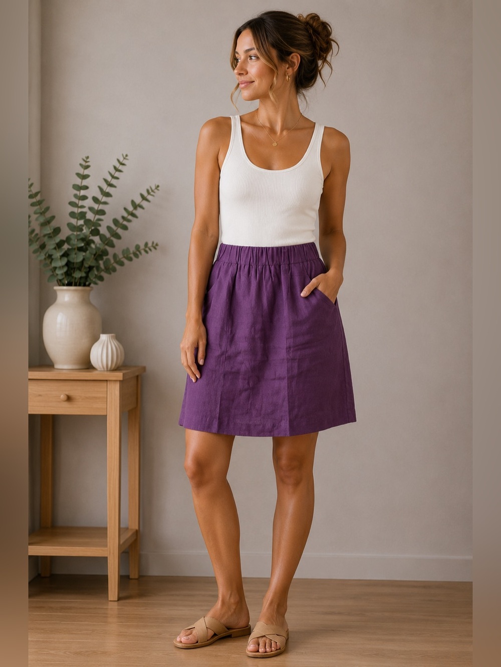 ANN TAYLOR LOFT Plum Purple Women's Linen Blend Elastic Waist Skirt Pockets